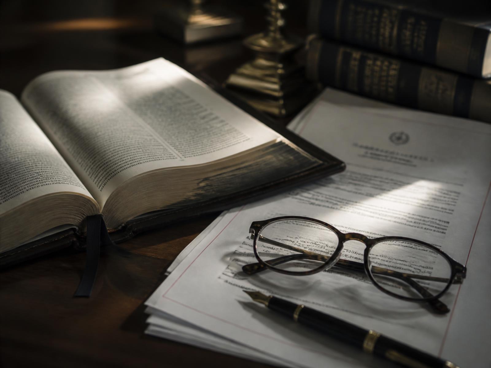 An open law volume, statute pages, reading glasses and a fountain pen on a dark desk