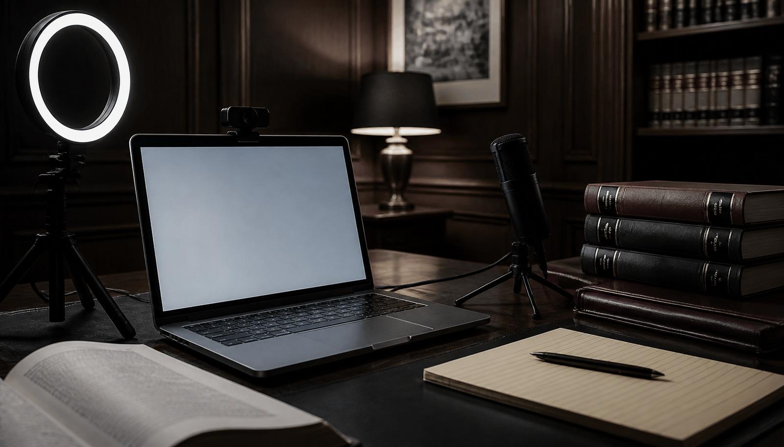 A live broadcast desk with laptop, ring light and microphone in a wood-panelled study