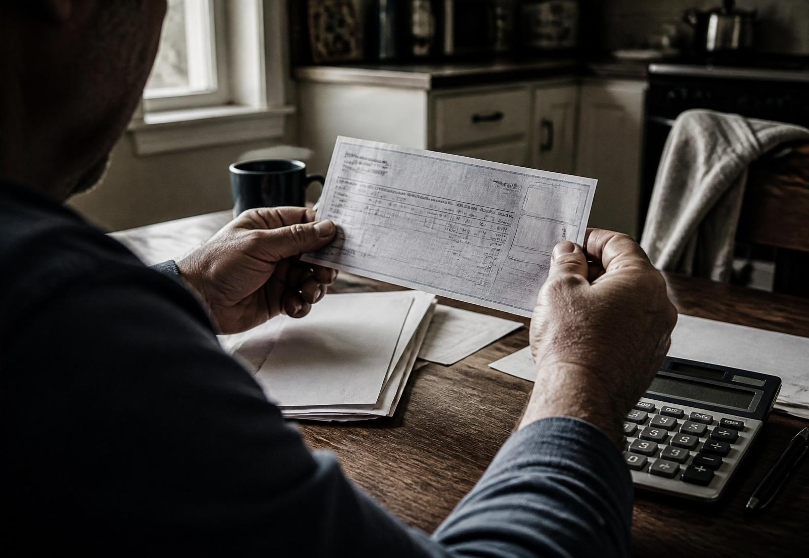 An American worker examining a paycheck stub
